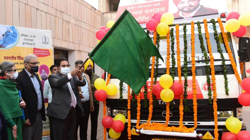 O.P. Soni flags off awareness vans to boost covid vaccination through Har Ghar Dastak Muhim