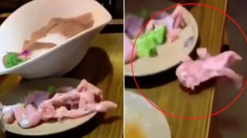Raw meat crawl off customers plate Raw meat crawl off customers plate