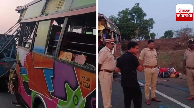 Karnataka Minibus and parked truck collide Karnataka Minibus and parked truck collide