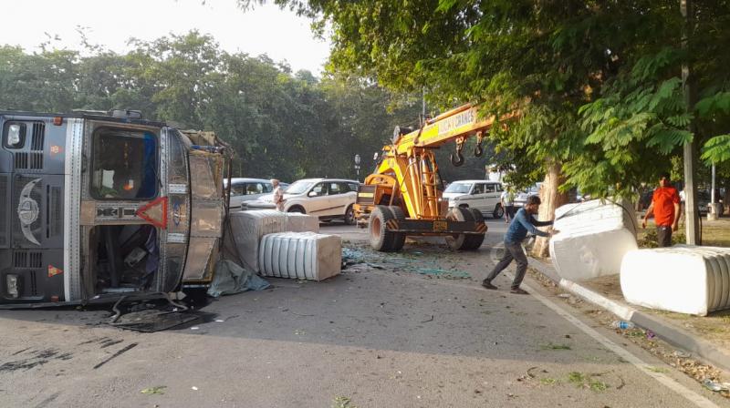 Truck overturned at Chandigarh's Medical College Chowk Truck overturned at Chandigarh's Medical College Chowk
