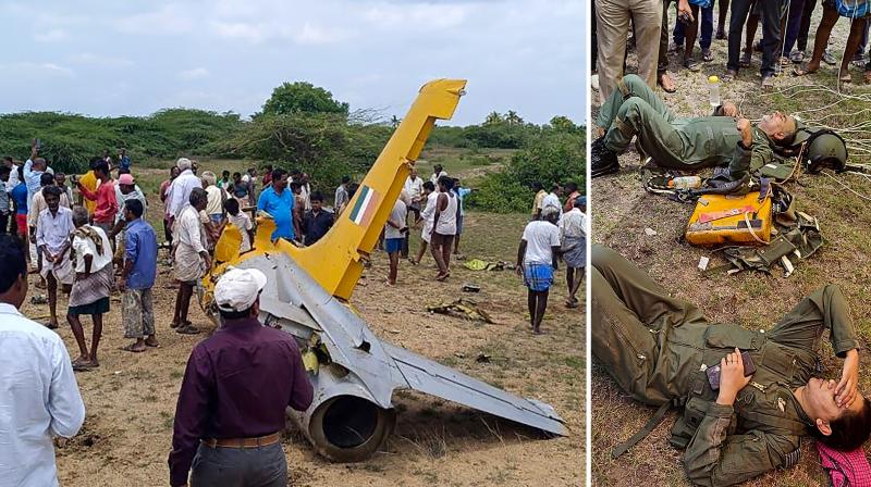 crashed trainer aircraft and (onf right) injured pilots. 