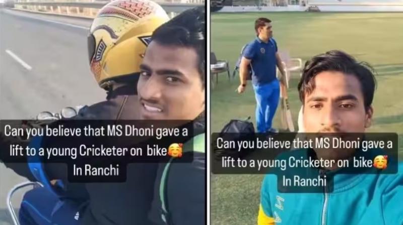 Young Ranchi cricketer gets bowled over as Dhoni gives him lift on his motorbike Young Ranchi cricketer gets bowled over as Dhoni gives him lift on his motorbike