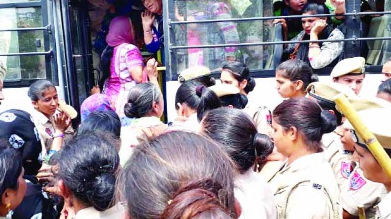 Anganwadi workers protesting Anganwadi workers protesting