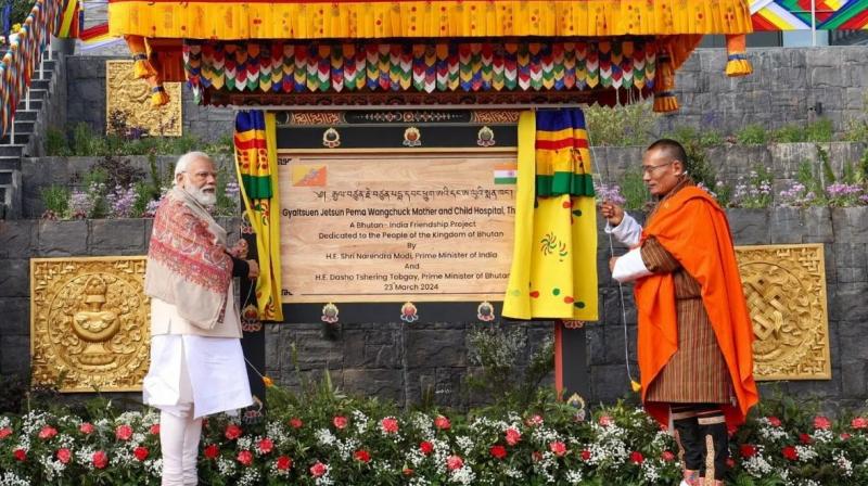 Prime Minister Narendra Modi and Prime Minister of Bhutan Tshering Tobge inaugurating the Prime Minister Narendra Modi and Prime Minister of Bhutan Tshering Tobge inaugurating the