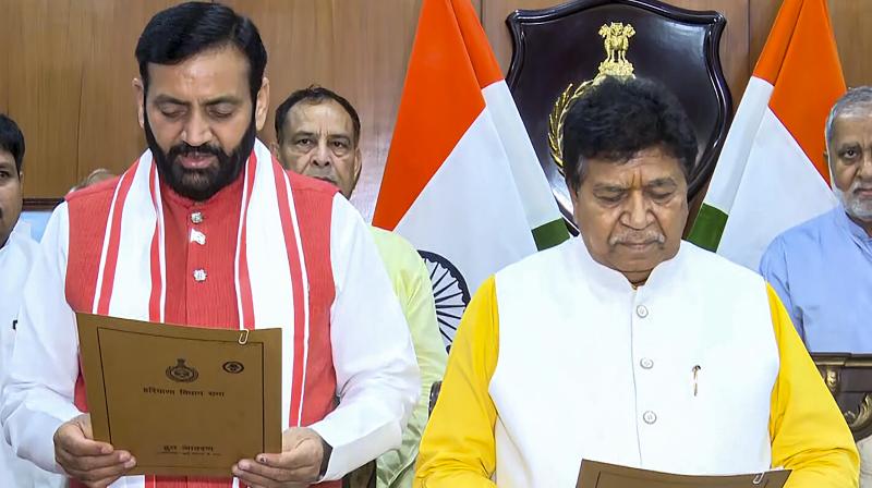 Haryana CM Nayab Singh Saini takes oath as BJP MLA from Karnal Haryana CM Nayab Singh Saini takes oath as BJP MLA from Karnal
