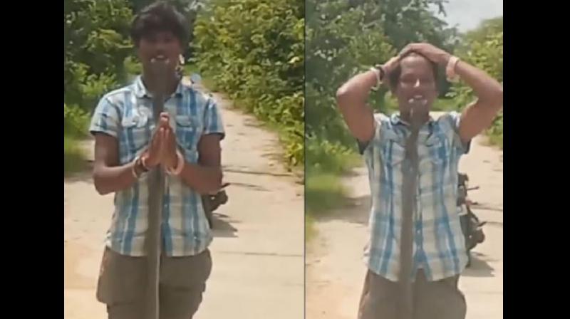 Telangana boy put head of Cobra inside Mouth Telangana boy put head of Cobra inside Mouth