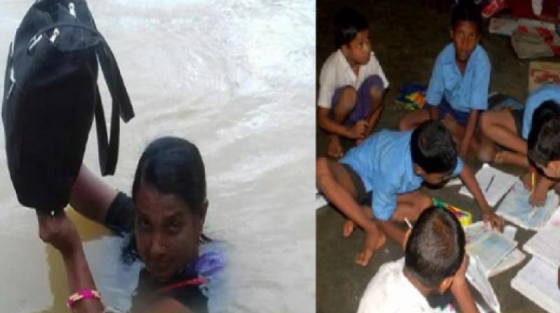 Odisha teacher wades through swollen river to reach school