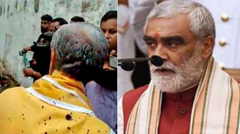 Ink thrown at Union Minister Ashwini Choubey outside Patna hospital