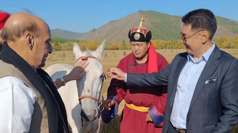  Mongolian president gifts horse to defence minister Rajnath Singh