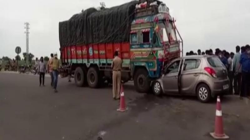 Heavy truck collided between car and truck Heavy truck collided between car and truck