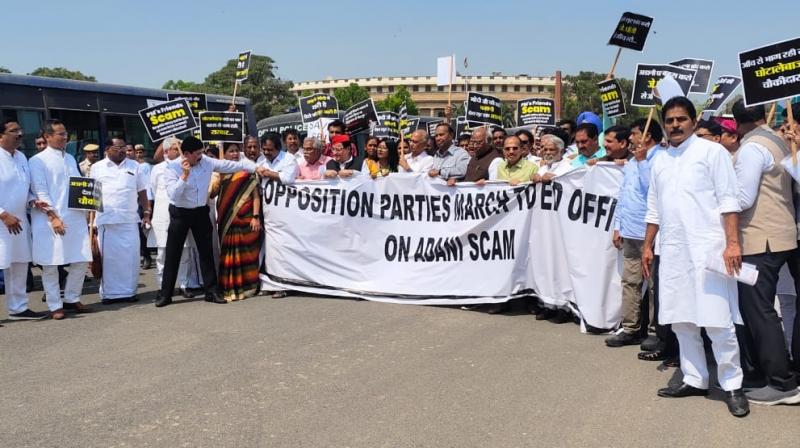 Opposition stages protest march from Parliament to ED office over adani issue