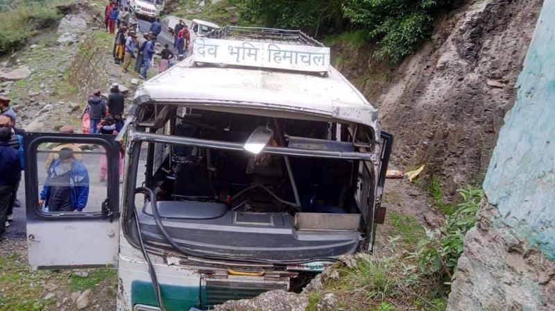 Shimla: Mangled remains of a bus after it rammed into a hill leaving at least fifty six people injured, at Barsheel in Shimla, Friday, June 2, 2023. (PTI Photo)