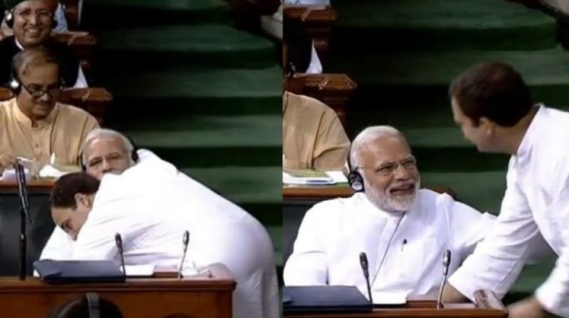 Rahul Gandhi hugs PM Modi Rahul Gandhi hugs PM Modi