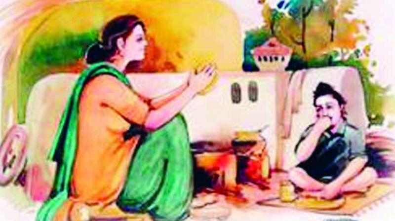 Mother giving Food to his Son Mother giving Food to his Son