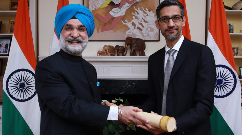India's Ambassador to the US, Taranjit Singh Sandhu, honored Google CEO Sundar Pichai with the Padma Bhushan Award.