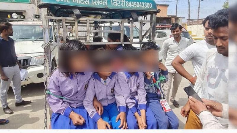 School Children Tied With Rope In E rickshaw at UP's Amroha