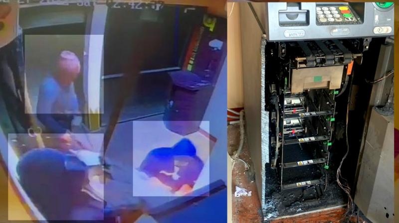 The thieves cut the ATM machine with a gas cutter The thieves cut the ATM machine with a gas cutter