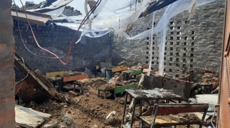 collapsed roof of school room