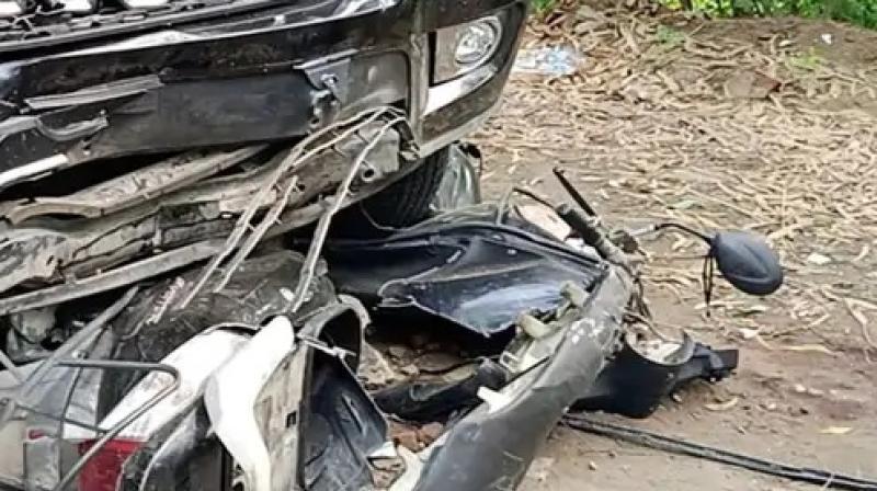 A Scorpio vehicle hit an elderly couple riding a scooty A Scorpio vehicle hit an elderly couple riding a scooty
