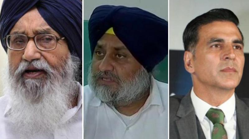 Parkash Singh Badal and Sukhbir Singh Badal and Akshay Kumar Parkash Singh Badal and Sukhbir Singh Badal and Akshay Kumar