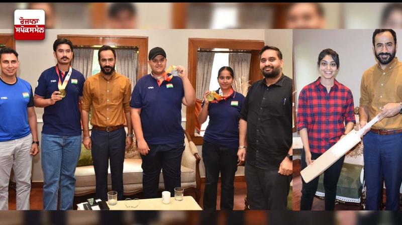 Sports Minister Meet Hayer meets Cricketer Harleen Deol and Junior World Cup medallist shooters Sports Minister Meet Hayer meets Cricketer Harleen Deol and Junior World Cup medallist shooters