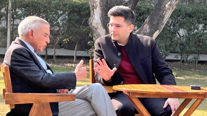 Raghav Chadha meets former Union Minister Pawan Bansal in Chandigarh