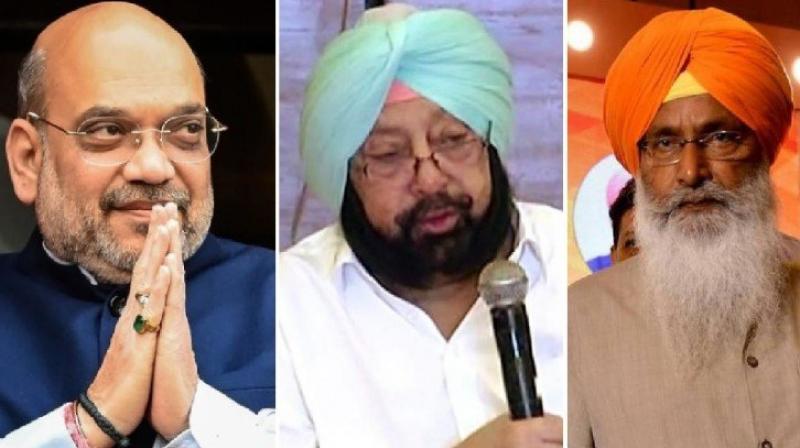 Amit Shah, Captain Amarinder Singh, Sukhdev Dhindsa Amit Shah, Captain Amarinder Singh, Sukhdev Dhindsa