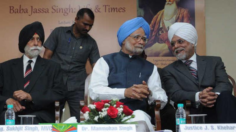 (From left) Brig Sukhjit Singh, scion of the Kapurthala royal family, former PM Dr Manmohan Singh and former Chief Justice JS Khehar at a function in Delhi on Friday (From left) Brig Sukhjit Singh, scion of the Kapurthala royal family, former PM Dr Manmohan Singh and former Chief Justice JS Khehar at a function in Delhi on Friday