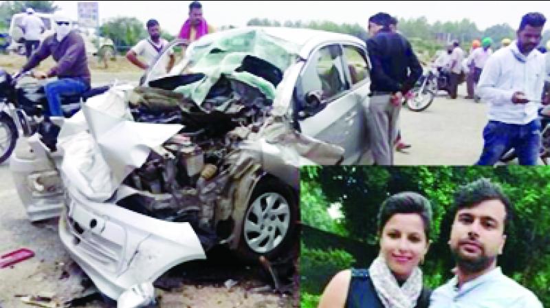 Car damaged in a road accident And picture of the newly married couple killed during the accident 