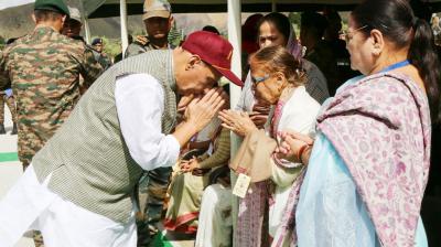 The Union Minister for Defence, Shri Rajnath Singh interacting with the war Heroes, Veer Naris and the families of Bravehearts at Kargil War Memorial on the occasion of Kargil Vijay Diwas, in Dras, Ladakh on July 26, 2023.
