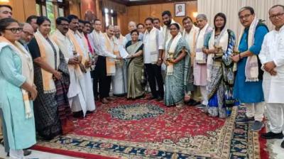 Congress MP Adhir Ranjan Chowdhury, AAP MP Sushil Gupta, TMC MP Sushmita Dev and other members of the Opposition alliance's INDIA delegation submit a memorandum to Manipur Governor Anusuiya Uikey on their observations after visiting the state. (PTI)