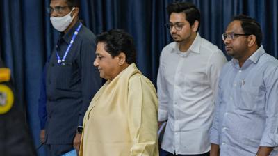 Lucknow: Bahujan Samaj Party (BSP) supremo Mayawati with BSP National Coordinator Akash Anand and the party's National Vice President Anand Kumar arrives for a meeting of the party's office bearers ahead of the 2024 Lok Sabha elections, at the party office in Lucknow, Wednesday, Aug. 23, 2023. (PTI Photo/Nand Kumar)