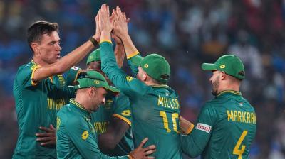 Pune: South African bowler Marco Jansen celebrates the wicket of New Zealand batter Rachin Ravindra during the ICC Men's Cricket World Cup 2023 match between New Zealand and South Africa, at Maharashtra Cricket Association Stadium, in Pune, Wednesday, Nov. 1, 2023. (PTI Photo/Shashank Parade)