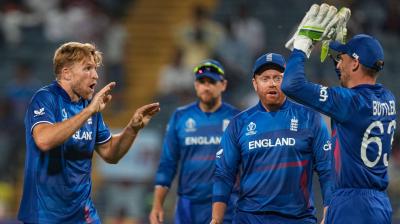 Pune: England's David Willey celebrates with teammates after taking the wicket of Netherlands' Colin Ackermann during the ICC Men's Cricket World Cup 2023 match between England and Netherlands at Maharashtra Cricket Association Stadium, in Pune, Wednesday, Nov. 8, 2023. (PTI Photo/Shashank Parade)