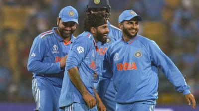 Bengaluru:  India's Ravindra Jadeja celebrates with team mates the wicket of Netherlands batter Roelof van der Merwe  during the ICC Men's Cricket World Cup match between India and Netherlands at Chinnaswamy stadium in Bengaluru, Sunday, Nov 12, 2023. (PTI Photo/Shailendra Bhojak)