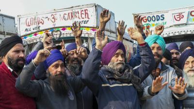 Jammu: Members of the All Jammu and Kashmir Oil Tankers Association raise slogans during a protest, in Jammu, Monday, Jan 1, 2024. (PTI Photo)