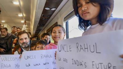 Imphal West: Congress leader Rahul Gandhi with children during the 'Bharat Jodo Nyay Yatra', at Sekmai village in Imphal West district, Manipur, Monday, Jan. 15, 2024. (PTI Photo)