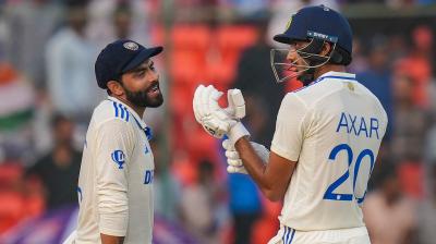 Hyderabad: India's Ravindra Jadeja and Axar Patel on the second day of the first cricket test match between India and England, at Rajiv Gandhi International Cricket Stadium, in Hyderabad, Friday, Jan. 26, 2024. (PTI Photo/Shailendra Bhojak) 