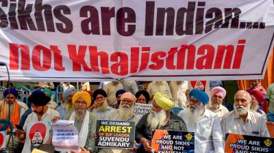 Kolkata: Peoples from the Sikh community stage a protest against BJP leader Suvendu Adhikari after he allegedly called a Sikh IPS officer 'Khalistani', outside BJP office, in Kolkata, Wednesday, Feb. 21, 2024. (PTI Photo)