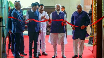 Rajkot: Prime Minister Narendra Modi during the inauguration of the Rajkot AIIMS, in Rajkot, Sunday, Feb. 25, 2024. (PTI Photo)