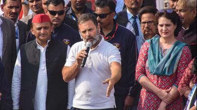 Agra: Congress MP Rahul Gandhi with party leader Priyanka Gandhi and Samajwadi Party chief Akhilesh Yadav during the 'Bharat Jodo Nyay Yatra', in Agra, Sunday, Feb. 25, 2024. (PTI Photo) 