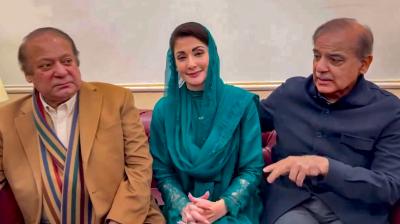 Newly elected Punjab Chief Minister Maryam Nawaz Sharif and Quaid Nawaz Sharif and Jamaat President Shehbaz Sharif during a meeting, Monday, Feb. 26, 2024. (PTI Photo)