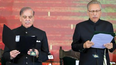 Islamabad: President Arif Alvi administers the oath of office to PM-elect Muhammad Shehbaz Sharif as the 24th Prime Minister of Pakistan, in Islamabad, Monday, March 4, 2024. (PTI Photo)