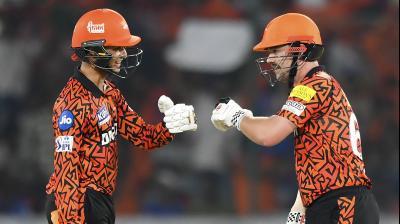 Hyderabad: Sunrisers Hyderabad batters Abhishek Sharma and Travis Head during the Indian Premier League (IPL) 2024 T20 cricket match between Sunrisers Hyderabad and Mumbai Indians, at Rajiv Gandhi International Cricket Stadium, Uppal, in Hyderabad, Wednesday, March 27, 2024. (PTI Photo)