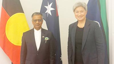 Indian envoy Gopal Bagley calls on Australian Foreign Minister Penny Wong.