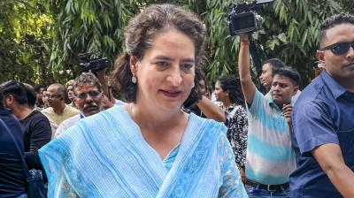 New Delhi: Congress leader Priyanka Gandhi arrives to cast her vote at a polling booth during the sixth phase of Lok Sabha elections, in New Delhi, Saturday, May 25, 2024. (PTI Photo/Taj Zehra)
