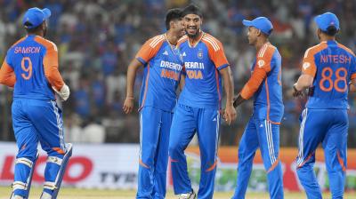 Gwalior: India's Mayank Yadav celebrates with teammates after taking the wicket of Bangladesh's Mahmudullah during the first T20 International cricket match between India and Bangladesh at Shrimant Madhavrao Scindia Cricket Stadium, in Gwalior, Sunday, Oct. 6, 2024. (PTI Photo/Arun Sharma)