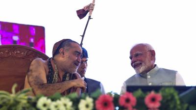 Varanasi: Prime Minister Narendra Modi and Kanchi Kamakoti Shankaracharya Vijayendra Saraswati Swamigal during the inauguration ceremony of the RJ Sankara Eye Hospital, in Varanasi, Sunday, Oct. 20, 2024. (PTI Photo)