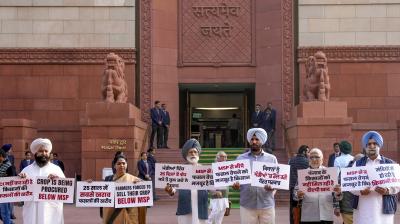 New Delhi: Congress MPs Amrinder Singh Raja Warring, Amar Singh, Sukhjinder Singh Randhawa, Dharamvira Gandhi and others protest during the ongoing Winter session of Parliament, in New Delhi, Friday, Nov. 29, 2024. (PTI Photo/Ravi Choudhary)