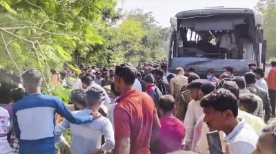 Gondia: People gather at the site after a Maharashtra State Road Transport Corporation (MSRTC) bus overturned, in Gondia district of Maharashtra, Friday, Nov. 29, 2024. At least nine passengers were killed and 25 others injured in the accident, according to officials. (PTI Photo)
